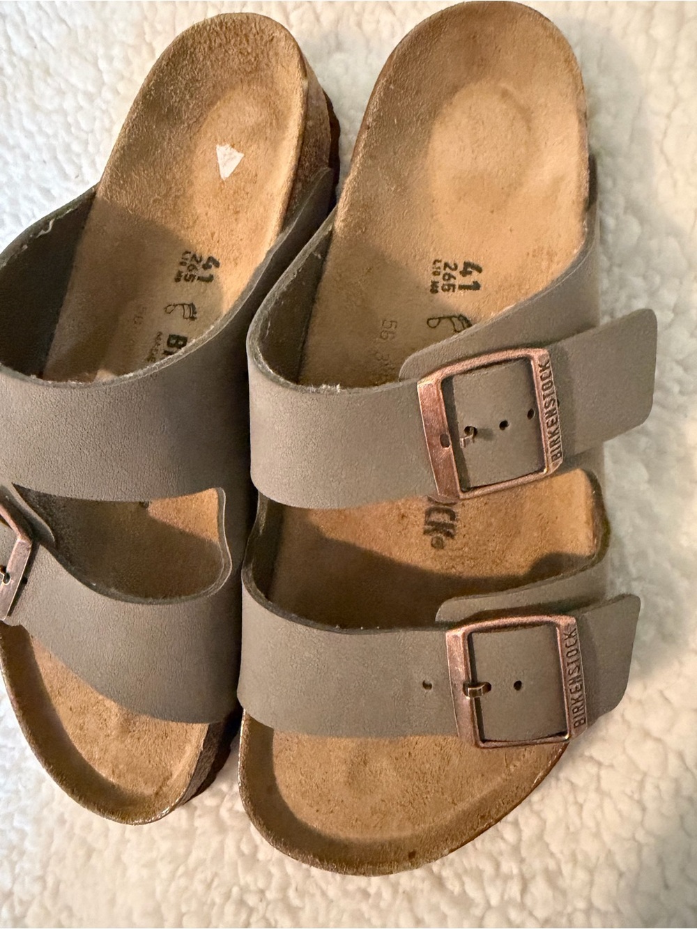 Birkenstock Taupe Double Strap Sandals with Copper Buckles